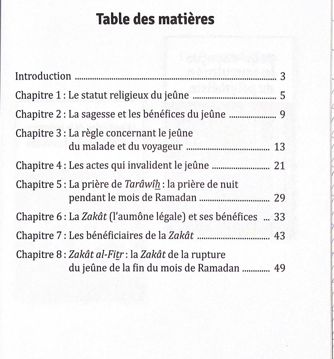 Chapitres sur le jeûne, la prière de tarawih et la zakat